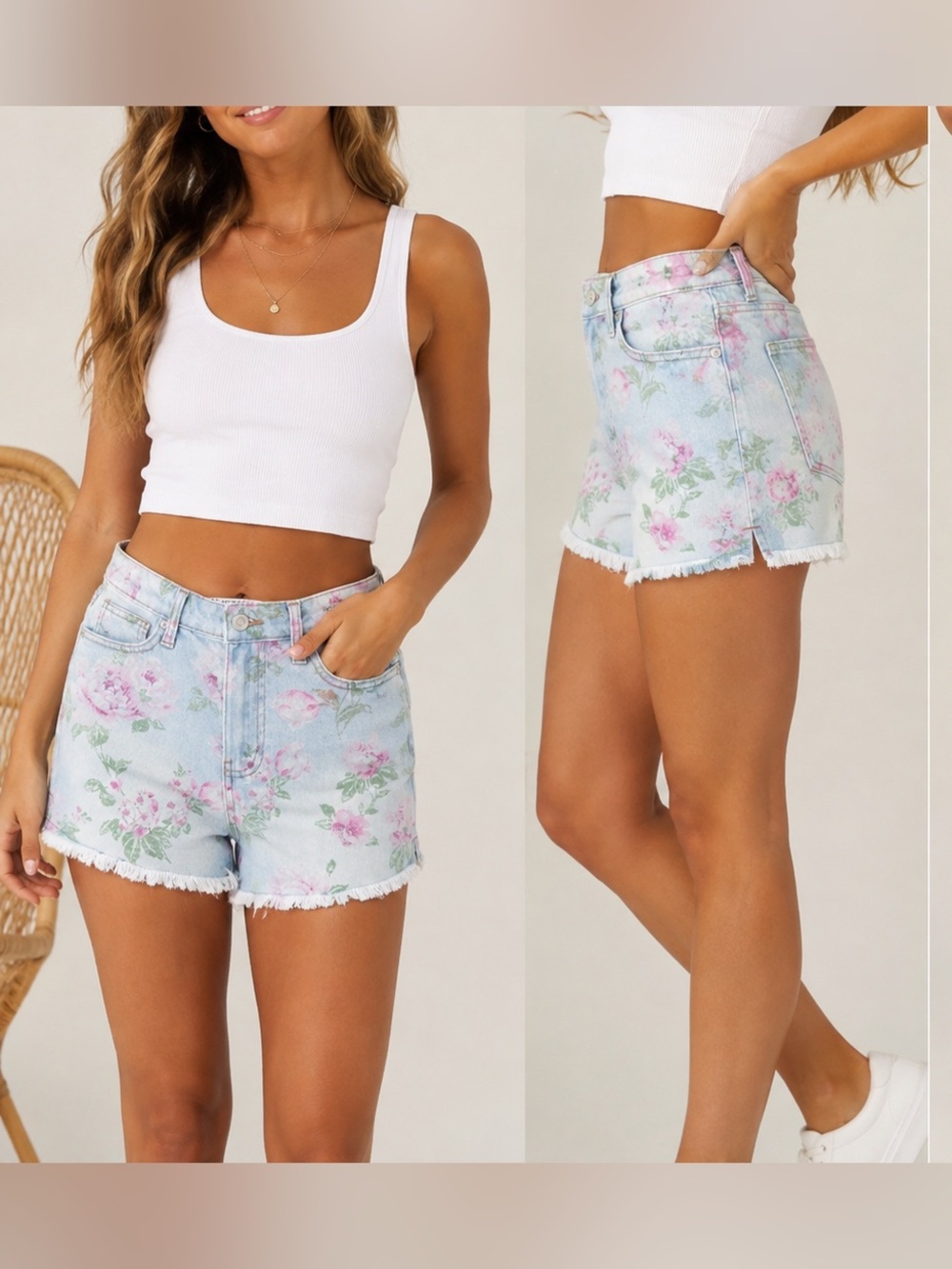 Celebrity Pink High-Rise Floral Denim Shorts in Light Blue and Pink - Size 5/27